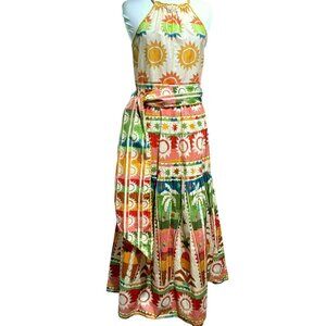 NWOT Farm Rio Rainbow Sunset Bow Maxi Halter Dress Sz XS BoHo Summer Vacation
